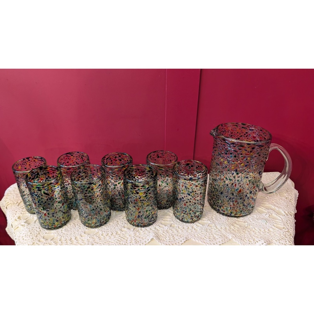 Hand Blown Glass pitcher and 8 highball glasses confetti rock mexican excellent